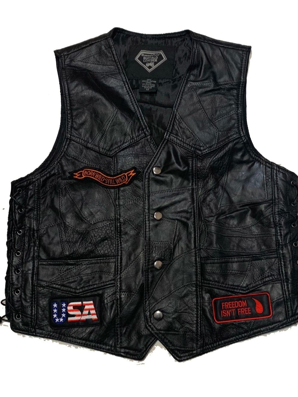 Buffalo David Bitton Black Leather Biker Vest with Patriotic Patches